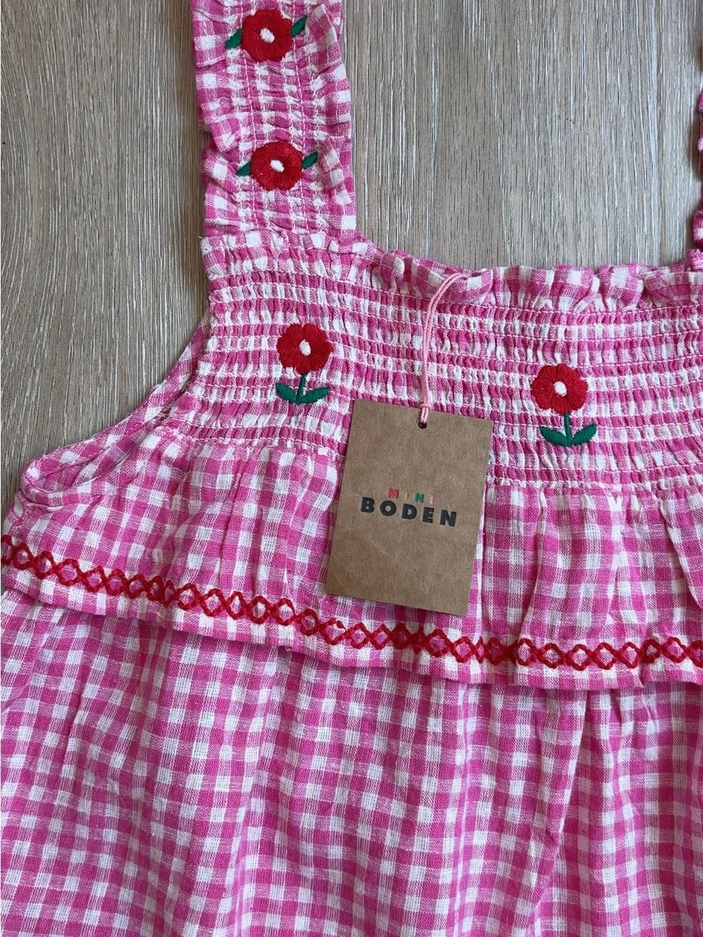 NWT Mini Boden Pink Gingham Smocked Tank & Floral-Embroidered Set Size 11/12